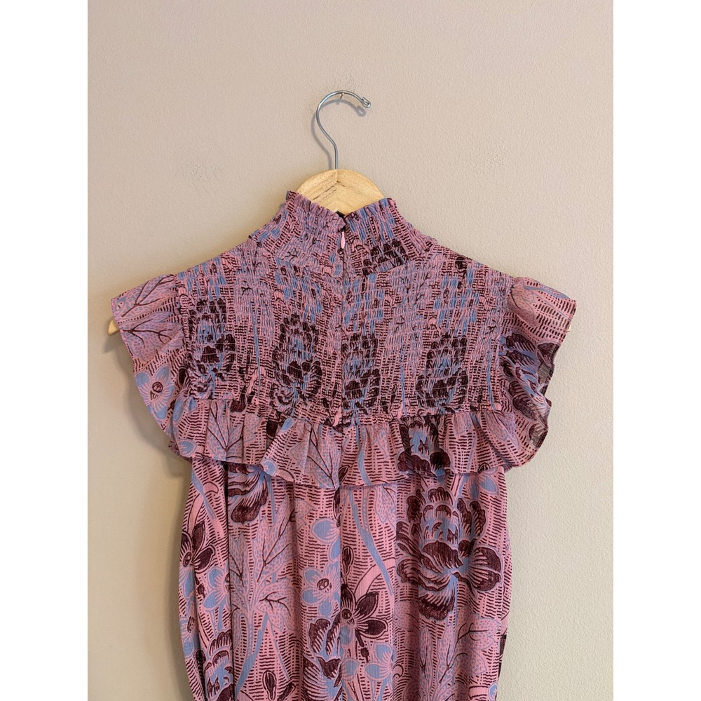 Likely Pink Floral Smocked High Neck Ruffle Midi Levine Dress Size 8 - Picture 5 of 9